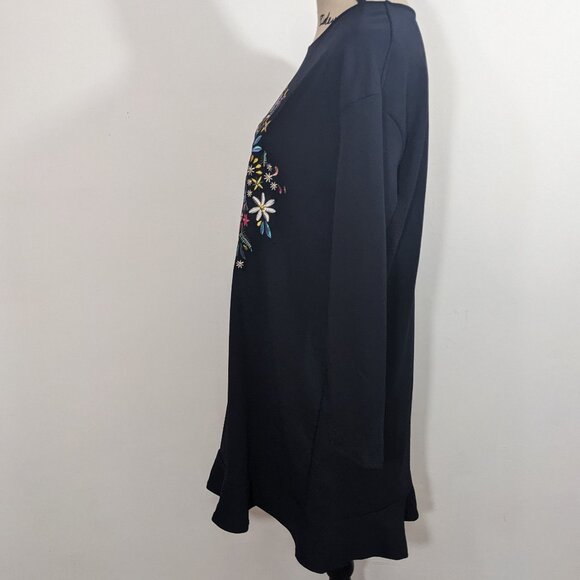 Zara Woman Basic Black Long Sleeve Embroidered Floral Shift Dress Ruffle Hem S - Picture 5 of 10